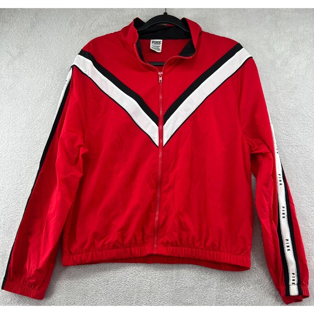 PINK Victoria's Secret Windbreaker Jacket Women's M/L Red Chevron Retro Full Zip